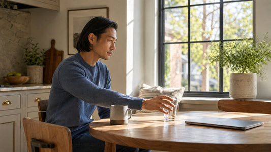 Father reaching for a glass of water beside a coffee mug after school drop-off