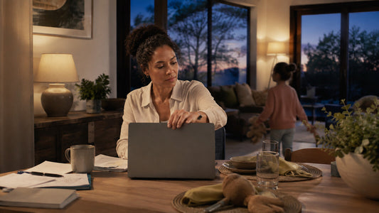 Parent closing a laptop as family evening begins in a home workspace