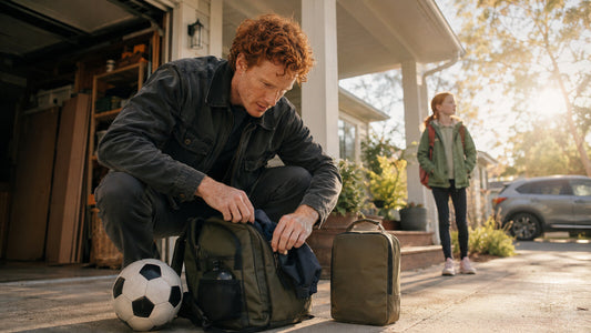 Father packing school and sports bags outside the family home before school