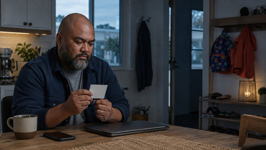 Father reviewing backup child care contacts at a kitchen table after an early-morning babysitter cancellation