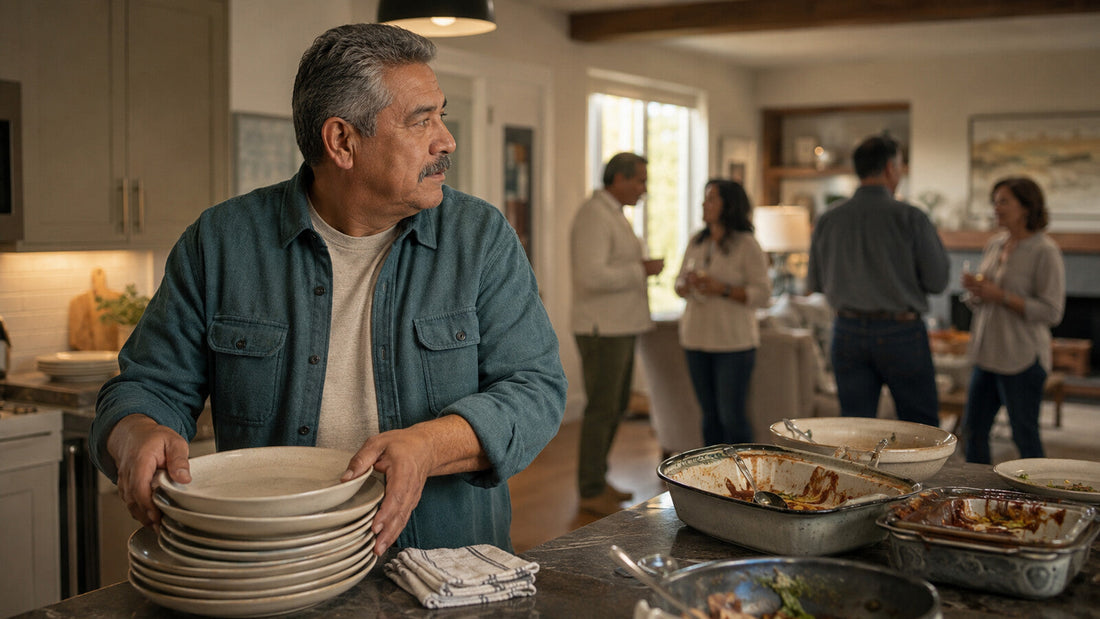 Father stacking dishes while visiting relatives talk in the living room
