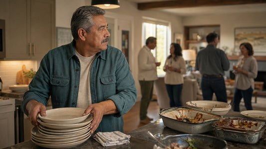 Father stacking dishes while visiting relatives talk in the living room
