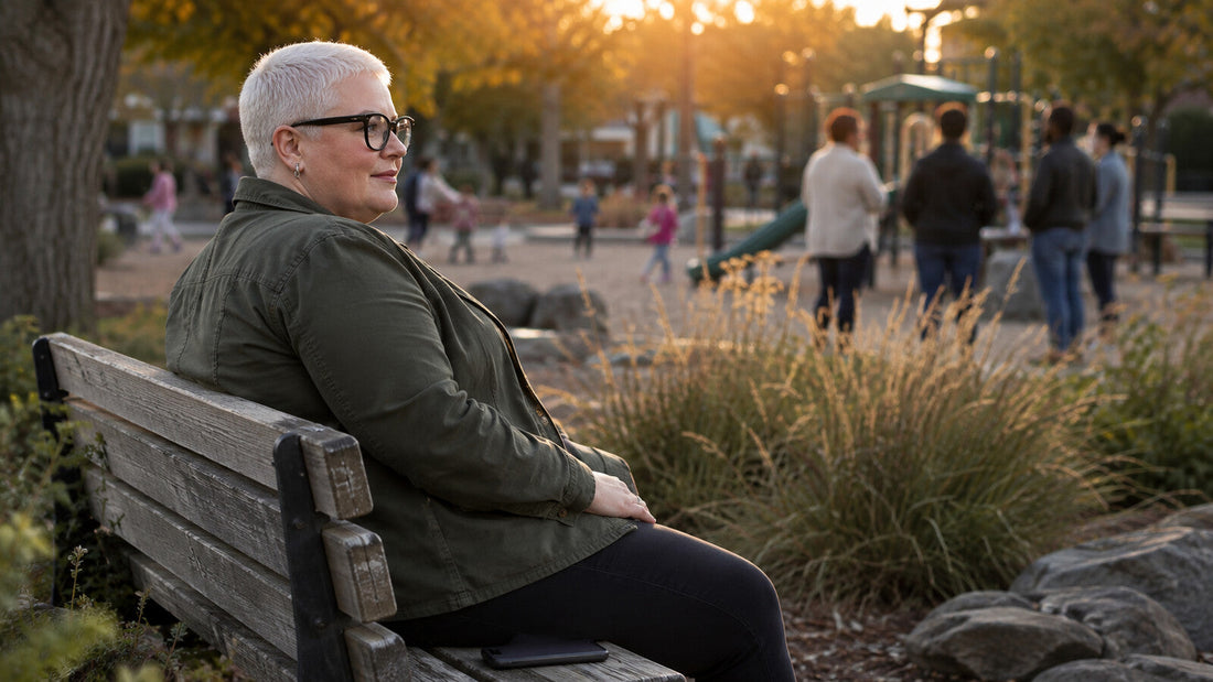 Mother placing her phone face-down on a playground bench during school pickup