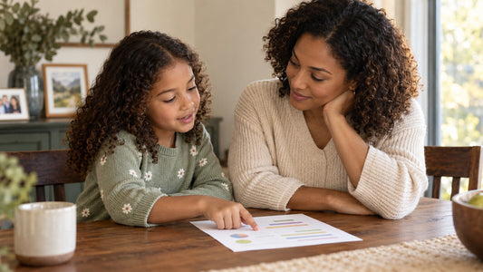 Parent listens as a child points to a school report at home.