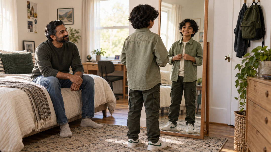 Father and child choosing a comfortable picture-day outfit at home