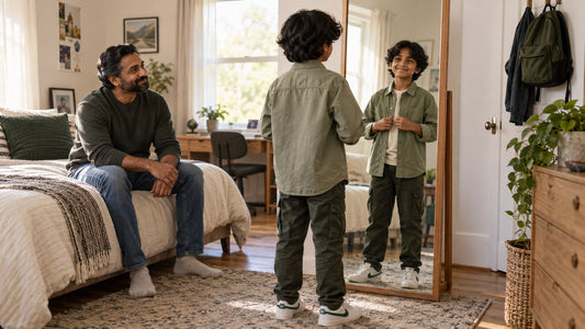 Father and child choosing a comfortable picture-day outfit at home